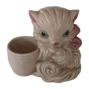 Vintage Hull Art Pottery #61 White Cat Planter Pink Bow USA Mid Century Ceramic